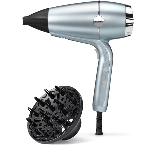 BaByliss D773DE Hydro Fusion Secador de cabelo profissional super iónico, brilho e hidratação, tecnologia de plasma, difusor, ar frio, leve e compacto, 3 temperaturas, 2 velocidades, azul claro