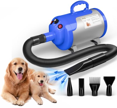 Blanlody Secador de cabelo para cães Blower muito silencioso 5,2 cv / 3800 W motor de velocidade ajustável, para cuidados com cães com 4 boquilhas diferentes mangueira elástica (azul)
