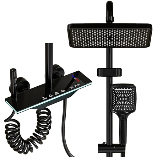Coluna duche preto, chuveiros de casa de banho coluna com ecrã LED de temperatura, cabeça quadrada 30 x 21 cm, cabeça, jato, coluna de duche com torneira, iluminação ambiental