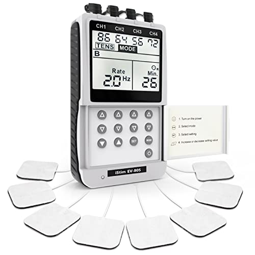 iSTIM EV-805 Eletroestimulador digital - Unidade TENS & EMS de 4 canais com 16 almofadas para estimulação nervosa e muscular, alivia a dor muscular e fortalece os músculos
