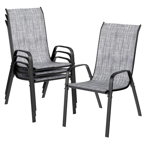 LIFERUN Cadeiras de jardim empilháveis para campismo, com encosto alto, estrutura de aço textileno, para jardins, pátios, varandas, restaurantes, 150 kg, suporta 54 x 69 x 93 cm (4, cinzento linho)