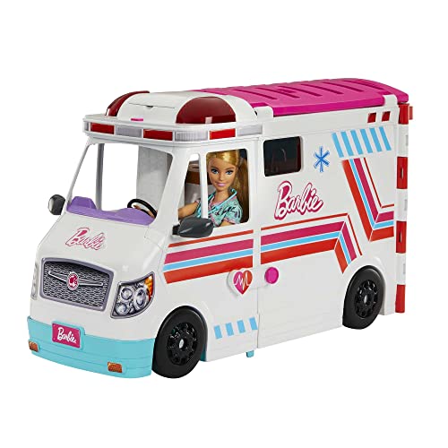 Barbie Clínica de cuidados carro médico de brinquedo para bonecas com luzes e sons e acessórios para hospital, 3 anos (Mattel HKT79)