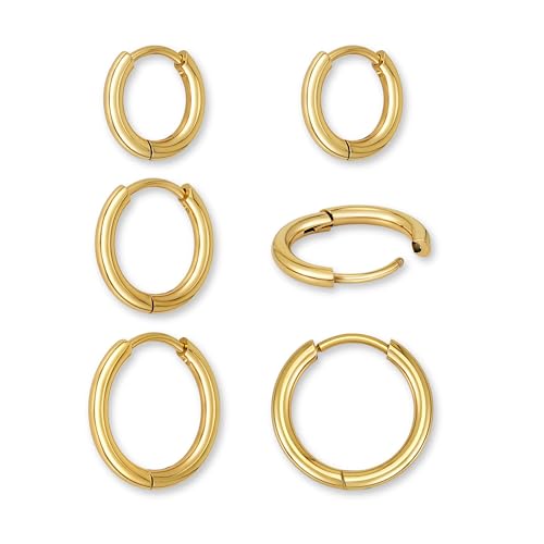 Aros de aço inoxidável para mulher - 3 pares de aros pequenos elegantes (12 mm, 14 mm, 16 mm) | Brincos em aço cirúrgico a ouro de 18 K, ouro rosa ou prata - aros para homem, Aço inoxidável, Não