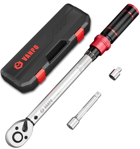 VANPO Chave dinamométrica 1/2", 20-220NM, alta precisão de ± 3% com barra de extensão de 125 mm, adaptador de 1/2" a 3/8", 72T chave dinâmica conjunto para carro, camião, moto