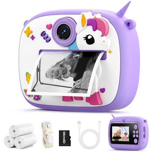 Câmara fotográfica instantânea para crianças, câmara instantânea com papel de impressão e cartão microsd, câmara fotos brinquedo presente para meninos e meninas dos 3 aos 14 anos (roxo)
