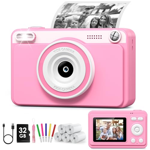 GREENKINDER Câmara fotos infantis instantâneas, HD/1080P câmara instantânea para crianças com cartão de 32 GB e 5 rolos de papel térmico, câmara fotos infantis presentes de brinquedo para crianças de