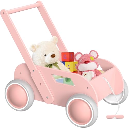 Andador de madeira para bebé, caminhador bebé para meninos e meninas, enfermeiros para bebés com espaço de armazenamento, presente de aniversário de Natal, rosa