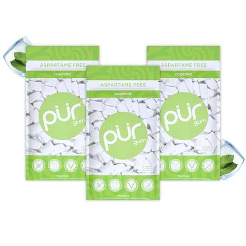 PUR Gum Maquete sem açúcar | com Xilitol | vegano, sem partamo e sem glúten, pastilha elástica natural com sabor a Coolmint, 55 peças (embalagem de 3)
