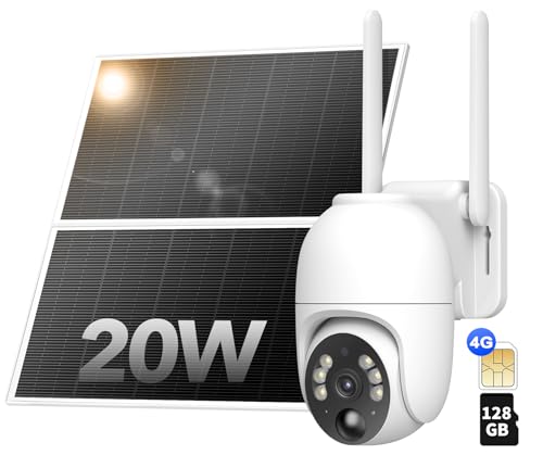 NUASI 4G Câmara de vigilância exterior com painel solar, 20 W, gravação 24/7, 2 K câmara de segurança sem cabo, visão noturna colorida e deteção PIR, impermeável IP66 com cartão 128G e SIM