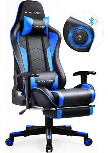GTPLAYER Cadeira Gaming com altifalante Bluetooth apoio para os pés secretária escritório Gamer ergonómica com almofada apoio de braços 3D ajustáveis encosto reutilizável multifuncional azul