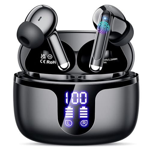 Auriculares sem fios Bluetooth capacetes sem fios com HiFi estéreo, 4 Mic com redução de ruído ENC, 2025 Bluetooth 5.3, 48H Playtime, impermeável IPX7, ecrã de energia LED. Preto