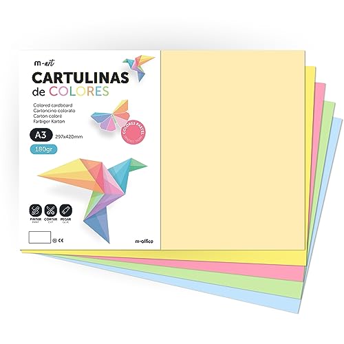 Cartulina de cores, cartão A3, 180 g, folhas de cores pastel, ideais para trabalhos manuais, imprimir os seus documentos e desenhos criativos, m-office (50h, Surt. Bolo)