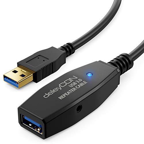 deleyCON 10 m de extensão ativa USB 3.0 com 2 Intensificador de sinal - cabo de repetidor para PC, computador, impressora, scanner - preto