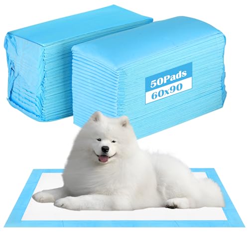 Almofadas para cães 60 x 90 cm, 50 peças tapetes higiénicos descartáveis para animais de estimação, 5 camadas à prova de fugas secagem rápida, almofadas absorventes treino cães