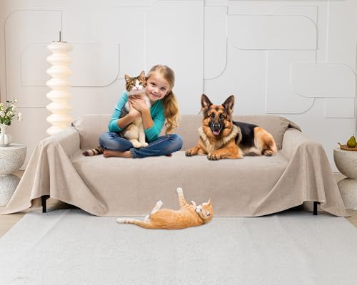 Loiion Capa para sofá anti-pêlos, capa de sofá de 3 lugares, protetor de móveis para cães, protetor de sofá para gatos, riscos e cães de estimação, antiderrapante, anti-manchas, caqui, 380 x 180 cm