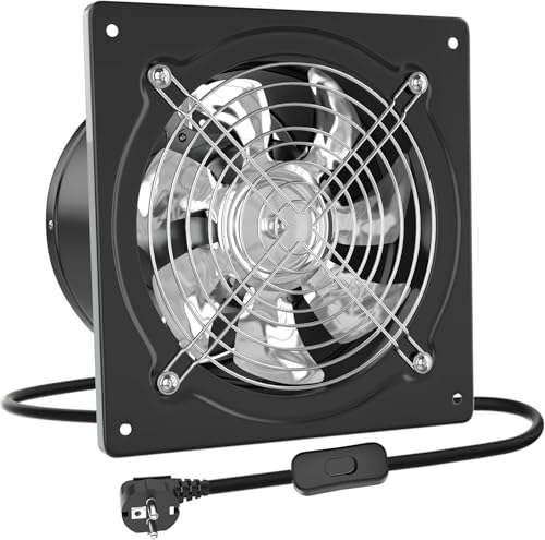 HG Power 150 mm, extrator de ar 525 m³/h com saída por correia robusta ventilador de parede metálico para cozinhas, garagens, armazéns, oficinas e porões, preto