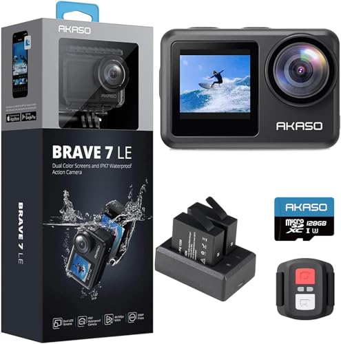 AKASO Brave 7 LE Câmara desportiva 4k30FPS 20MP WiFi com cartão de memória U3 de 128 GB, câmara aquática submergível 40 M IPX7, resistente à água, EIS, ecrã tátil