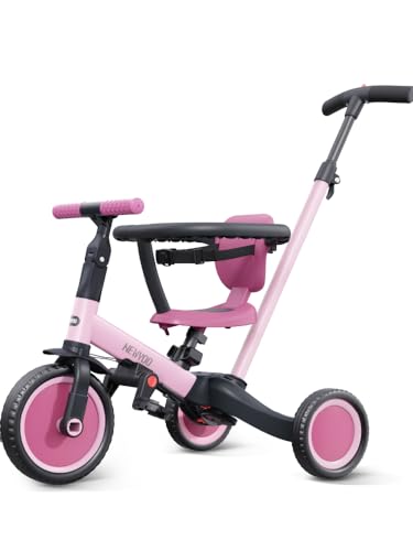 newyoo TR008 Triciclo evolutivo 5 em 1 para crianças 1-3 anos com barra de segurança e haste de impulso, presente de aniversário para meninos e meninas, bicicleta de equilíbrio e brinquedo montável