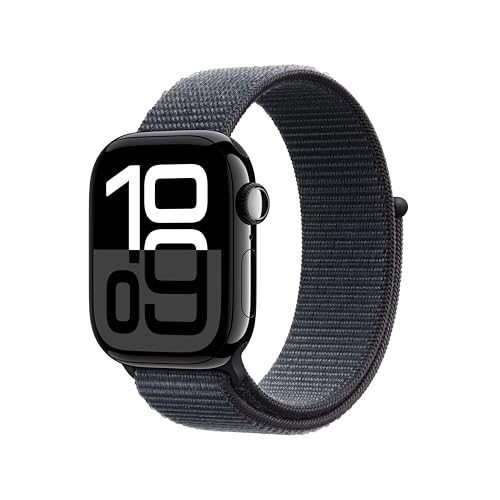 Apple Watch Series 10 GPS Cellular Smartwatch com caixa de alumínio preto brilhante de 42 mm e correia desportiva loop tinta - tamanho único. Monitor de treino, App ECG e neutro em carbono
