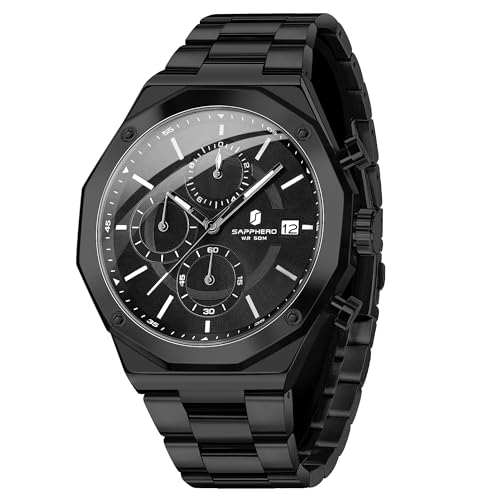 SAPPHERO Relógios homem quartzo analógico cronógrafo 50M impermeável aço inoxidável negócios elegante presente para homem