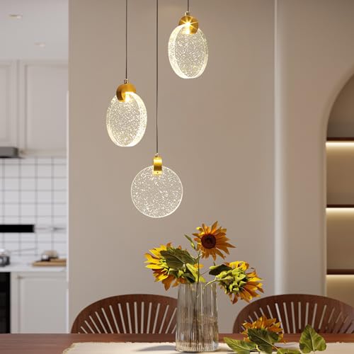 KRIPINC Candeeiros de teto pendentes de vidro 3 luzes, candeeiros suspensos dourados LED, candeeiro de teto vidro vintage luz quente para sala de estar quarto cozinha ilha sala de jantar