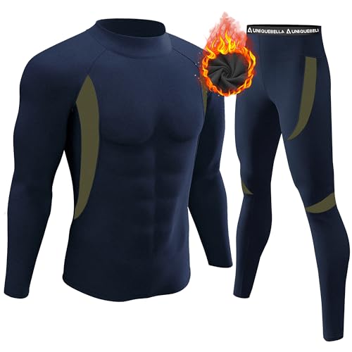 UNIQUEBELLA Suit Esqui térmico roupa interior térmica manga comprida t-shirt térmica calças compridas, desportos de inverno, conjuntos térmicos para homem, Gola alta azul