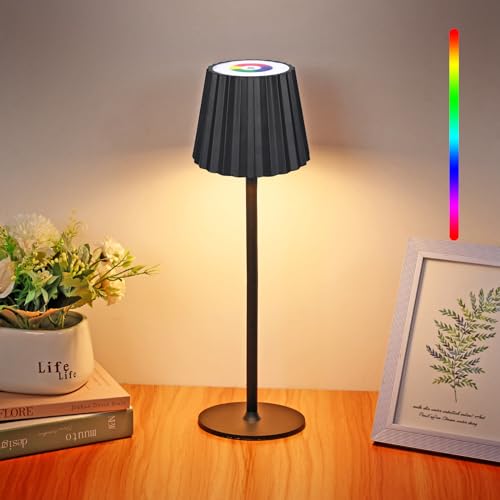 Diealles Shine Candeeiro de mesa sem fios, candeeiro LED recarregável 3000 K+RGB, candeeiros de mesa sem cabo 4000 mAh bateria, tátil regulável candeeiros para restaurante quarto bares (preto)