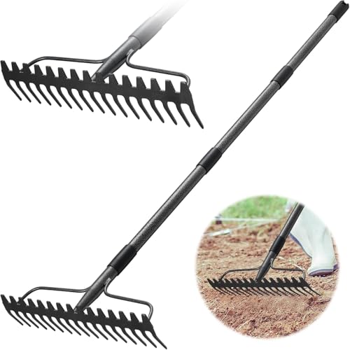 Ancinho de arco de metal com 17 dentes, ancinho de jardim resistente de 160 cm com cabo de aço inoxidável, cinzento