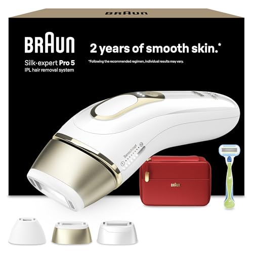 Braun Luz de pulso Silk-expert Pro 5, remoção de pêlos em casa, alternativa à remoção a laser, removedor IPL com capa, máquina Vénus, 3 cabeças para rosto e corpo, branco/dourado, PL5262