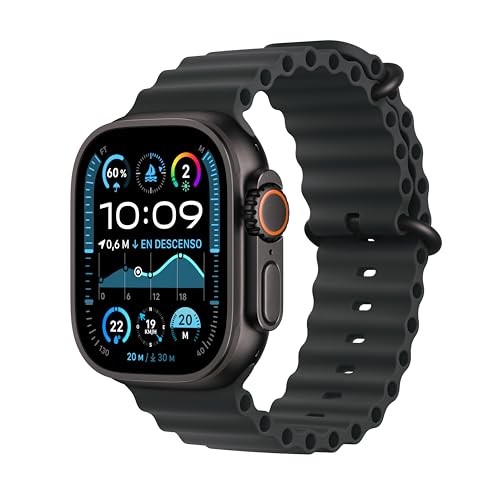 Apple Watch Ultra 2 GPS Cellular Smartwatch, relógio desportivo com caixa de titânio preto resistente de 49 mm e bracelete Ocean preta. Monitor de treino, GPS de alta precisão e ecrã Retina brilhante