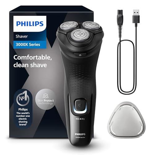 Philips Série X3000 Máquina de barbear elétrica para homem, máquina de barbear com cortinadores, 27 lâminas, cuidado da pele, 40 min de uso, seco e húmido, recarregável, X3001/00, preto