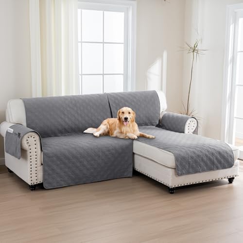 BellaHills Capa sofá Chaise Long, capa sofá de 2 praças, capa sofá Chaise longo acolchoado braço direito forma de L 205 cm, 100% capa sofá impermeável, cinzento