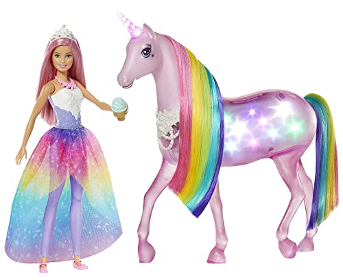 Barbie - Dreamptopia Boneca com cabelo rosa e luzes mágicas de unicórnio (Mattel GWM78), embalagem sustentável