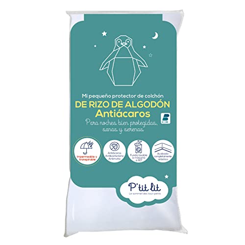 P'tit Lit - Protetor de colchão para bebé antiácaros, protetor de colchão impermeável 60 x 120 cm, 100 % tecido de algodão, absorvente e silencioso, OekoTex®