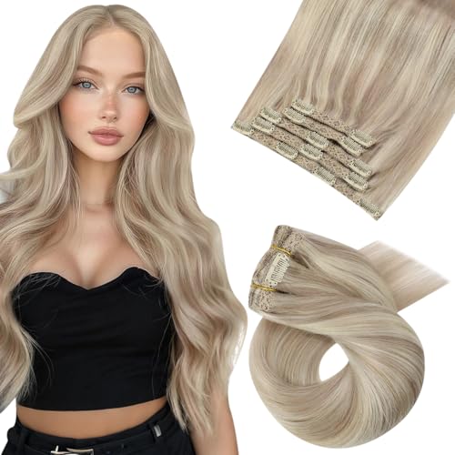 Moresoo Extensões de clipe de cabelo natural Remy extensões de clipe pavios loiro cinza com loiro extensões de cabelo natural humano 50 cm 50 unidades 80 G #P18/613