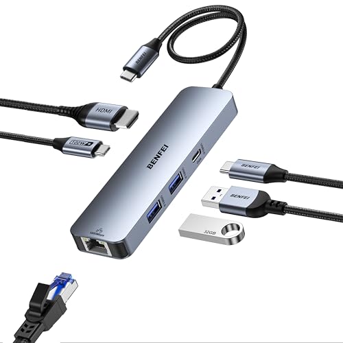 BENFEI Hub USB C 6 em 1 com HDMI (4K a 60 Hz), 2 USB-A, 1 USB-C de dados, carregamento de 100 W, Gigabit Ethernet, cabo de silicone anti-emaranhado compatível com MacBook Pro/Air, iPad Pro, iPhone 15
