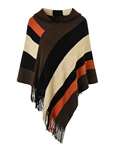 Ferand - Pullover poncho de malha para mulher - estola, xaile elegante, design de riscas grandes e franjas, quente