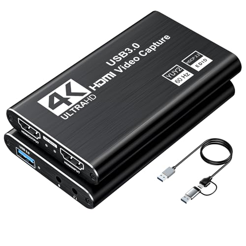 XIIXMASK capturadora de vídeo, capturadora áudio e vídeo, cartão de captura USB 3.0 4K HDMI Loop-out, 1080P 60FPS/2K 30FPS captura de videojogos para PS5/Switch/câmara/PC/OBS (preto)