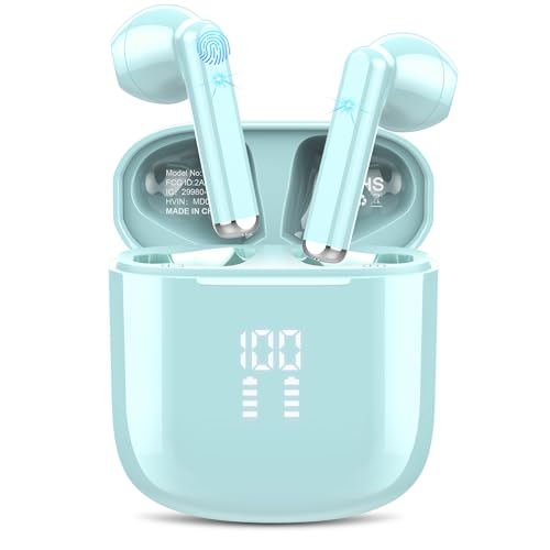 2024 Auriculares Bluetooth 5.3, auriculares sem fios com 4 microfone cancelamento de ruído chamadas em HD, In Ear capacetes sem fios HiFi estéreo, IP7 impermeável controlo tátil 25H auriculares (azul)
