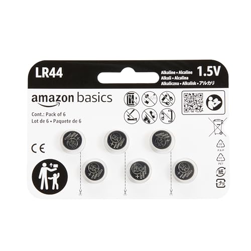 Amazon Basics - Pacote de 6 pilhas alcalinas de botão LR44 de longa duração, 1,5 volts, sem mercúrio