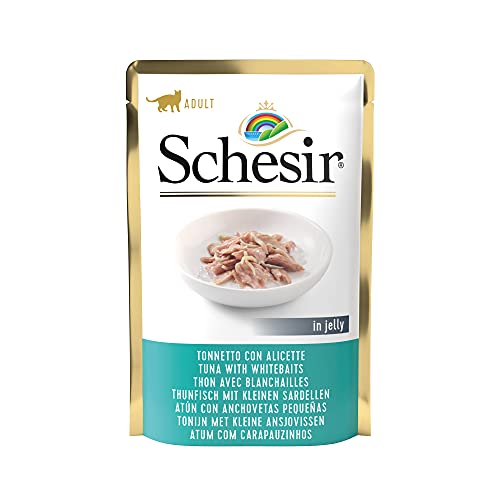 Schesir, Comida húmida para gatos adultos, sabor baacoreta com largas, preparado em gelatina macia, total 1,7 kg (20 envelope x 85 gr)