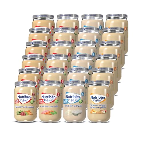 Nutribén Conjunto de 24 Pequenos diversos | Mostra de cordeiro, frango com ervilhas e cenoura, arroz com pescada, maçã, laranja, banana e bolacha - a partir dos 6 meses - 24 x 235 g