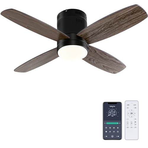 Ohniyou Ventoinha de teto com luzes, 38" ventoinhas de teto pequenas de montagem embutida, controlo remoto e APP, luz regulável, 6 velocidades, reversível, para pátio, cozinha, quarto (preto)
