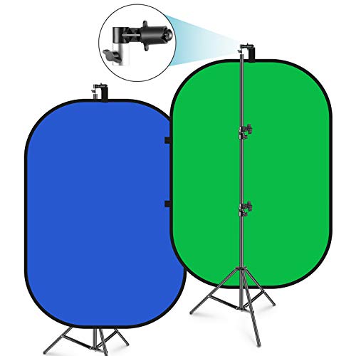 Neewer 5 x 7 pés / 1,5 x 2 m, fundo dobrável com suporte de 8,5 pés / 2,6 m, painel de fundo verde azul verde reversível 2 em 1 para estúdio de fotografia, transmissão ao vivo, videochamadas, jogos