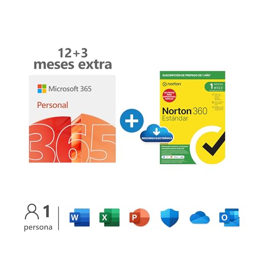 Microsoft 365 Personal | Apps Office 365 | PC/MAC/tablet/telefone | 12 + 3 meses + NORTON 360 Standard | 15 meses | PC/Mac - código de ativação enviado por email