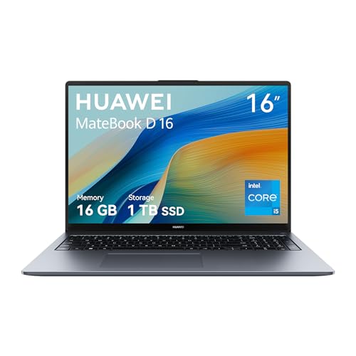 HUAWEI MateBook D16 Laptop, ecrã FullView de 16 polegadas, processador Intel Core i5-13420H, 16 GB de RAM, SSD de 1 TB, Windows 11 Home, corpo leve de 1,72 kg, Space Gray