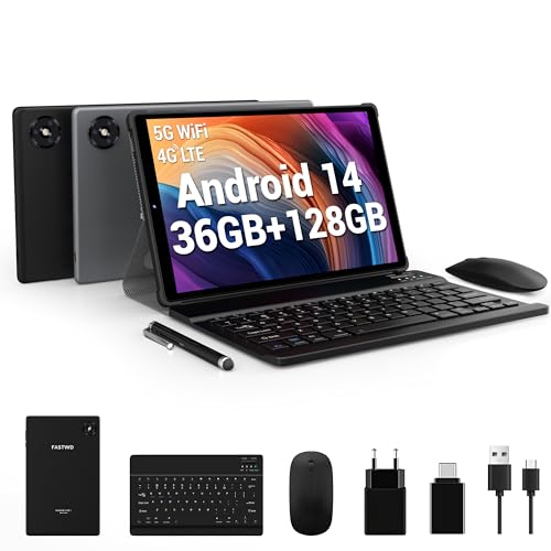 FASTWD Tablet de 10 polegadas Android 14 tablet com 4G LTE e 5G WiFi, 36 GB RAM+128 GB ROM, FHD 1920 * 1200,8000 mAh, 13 + 8 MP, GPS, Face ID, com teclado rato + capa, NN ero