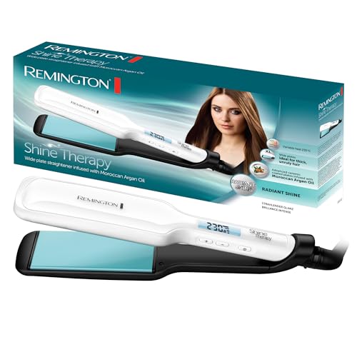 Remington Ferro de cabelo Shine Therapy, óleo de argão, placas flutuantes largas, resultados profissionais, cerâmica avançada, temperatura até 235°C, digital, branco, 110 x 50 mm, S8550