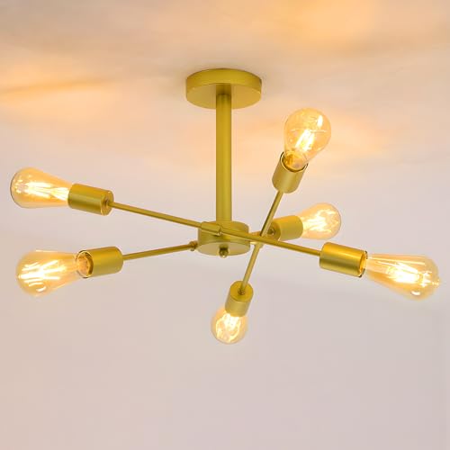 NIUNIAJ Candeeiro de teto vintage 6 luzes candeeiro industrial teto Plafon Sputnik E27, candeeiro de lustre dourado para quarto, sala de estar, cozinha, sala de jantar (sem lâmpada)