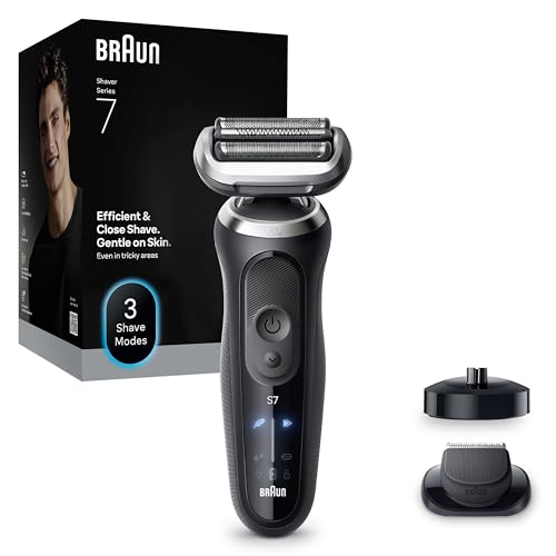 Braun Máquina de barbear elétrica homem série 7, máquina de barbear a seco e molhado, 3 modos de barbear, 60 min de uso, aparador de precisão, base de carregamento, estojo de viagem, 72-N4200S, preto